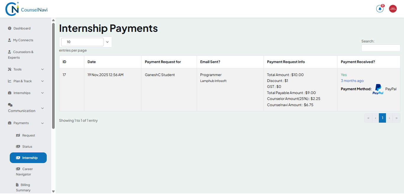 Internship Payment Status