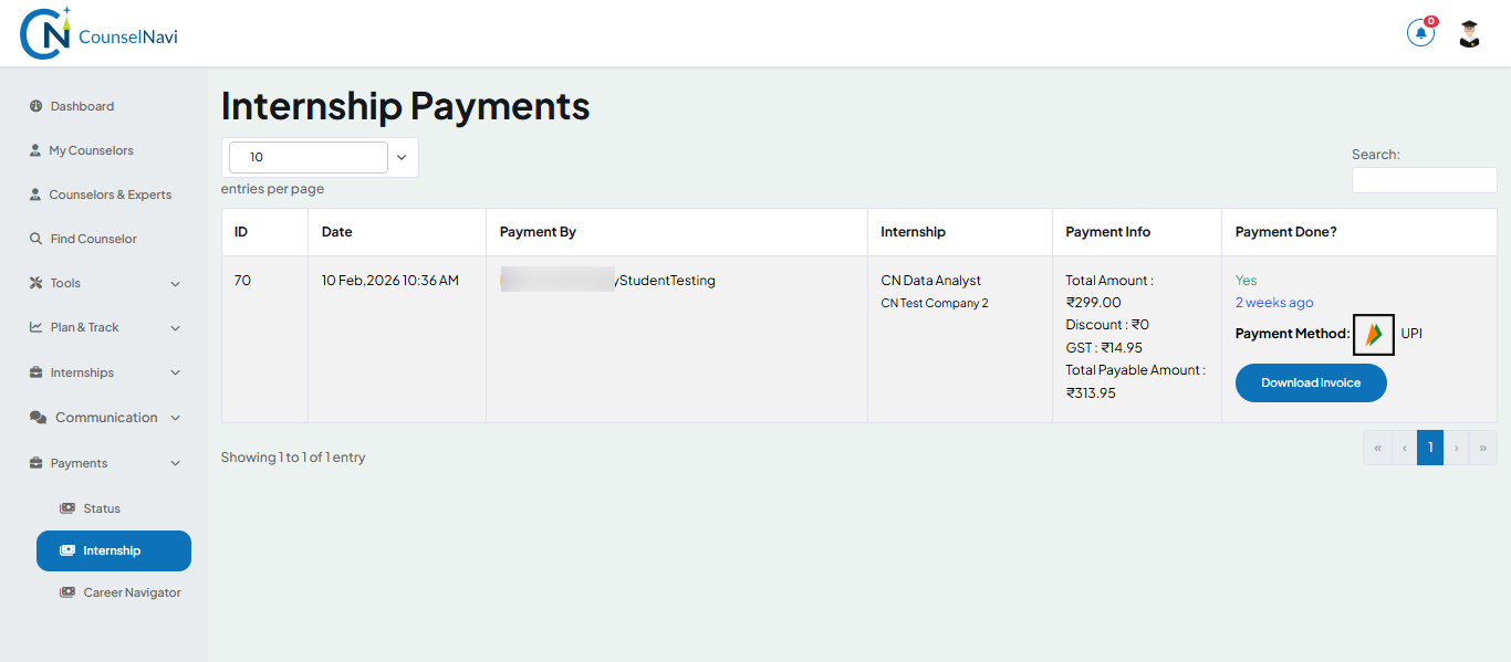 Internship Payment Status